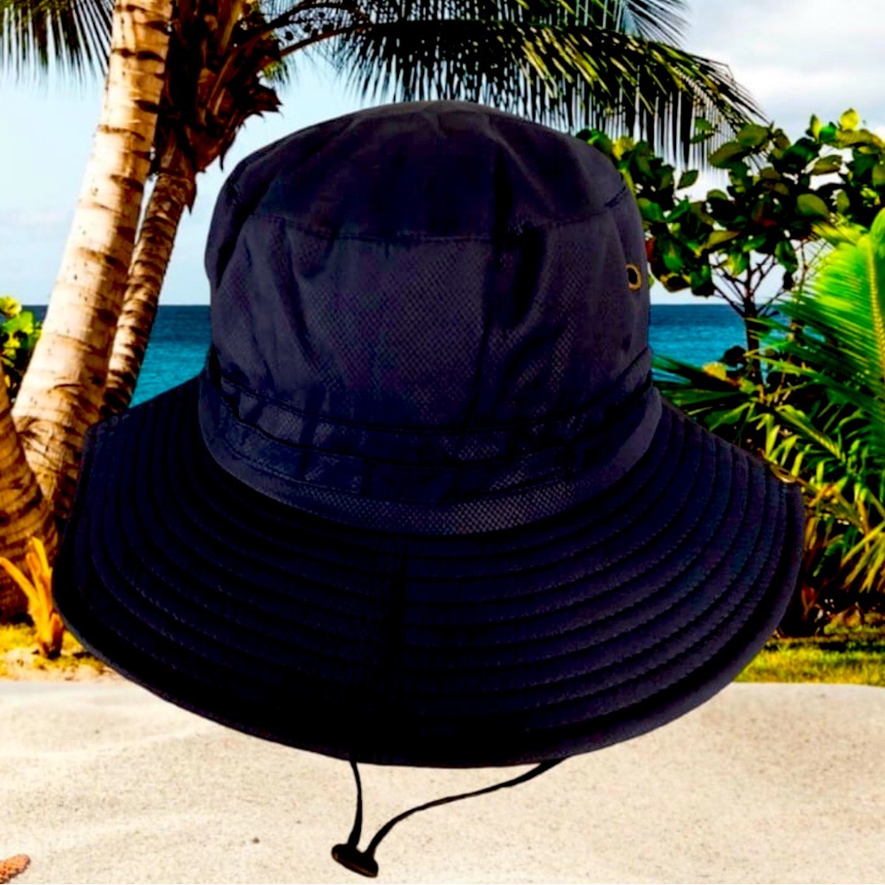 Unisex OSFA Wide Brim Drawstring Navy Blue Aussie Style Boonie Bucket Hat NWT
